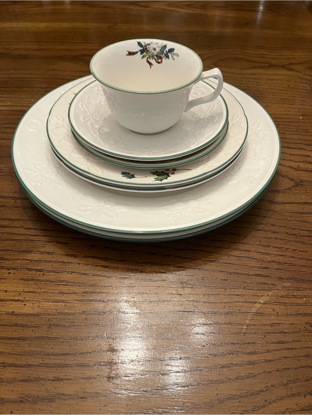 Mikasa White Dinnerware Set with Green Trim and Holly Motif